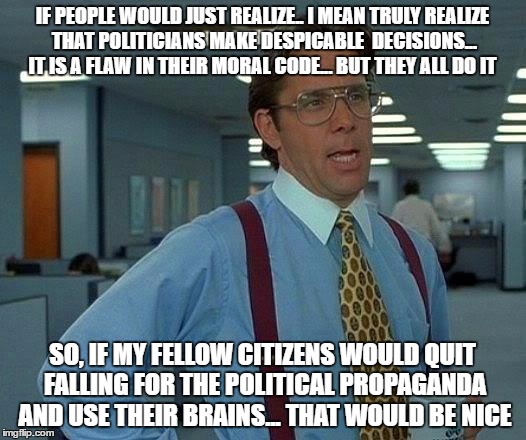 That Would Be Great Meme | IF PEOPLE WOULD JUST REALIZE.. I MEAN TRULY REALIZE THAT POLITICIANS MAKE DESPICABLE  DECISIONS... IT IS A FLAW IN THEIR MORAL CODE... BUT THEY ALL DO IT; SO, IF MY FELLOW CITIZENS WOULD QUIT FALLING FOR THE POLITICAL PROPAGANDA AND USE THEIR BRAINS... THAT WOULD BE NICE | image tagged in memes,that would be great | made w/ Imgflip meme maker