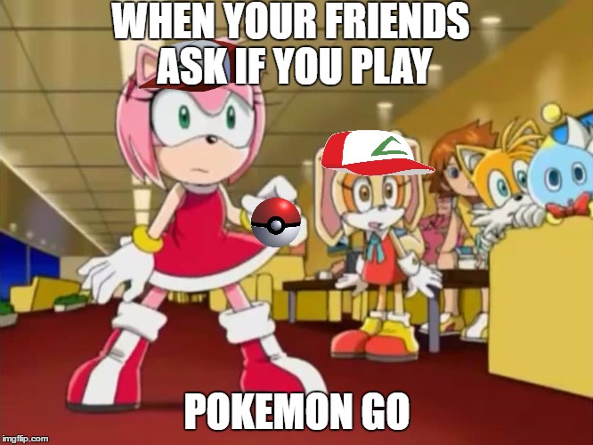 Pokemon Pressure | WHEN YOUR FRIENDS ASK IF YOU PLAY; POKEMON GO | image tagged in everyone is looking at you - sonic x,amy the hedgehog,pokemon,pokemon go,pokemon go is life | made w/ Imgflip meme maker