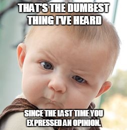 Skeptical Baby Meme | THAT'S THE DUMBEST THING I'VE HEARD; SINCE THE LAST TIME YOU EXPRESSED AN OPINION. | image tagged in memes,skeptical baby | made w/ Imgflip meme maker