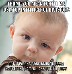 Skeptical Baby | TRUMP YOU MEAN TO TELL ME USA TOP INTELLIGENCE DIVISIONS; GOT IT WRONG CONFIRMING RUSSIA HACKED INTO AMERICANS COMPUTERS? | image tagged in memes,skeptical baby | made w/ Imgflip meme maker