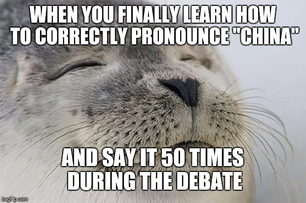 Satisfied Seal Meme | WHEN YOU FINALLY LEARN HOW TO CORRECTLY PRONOUNCE "CHINA"; AND SAY IT 50 TIMES DURING THE DEBATE | image tagged in memes,satisfied seal | made w/ Imgflip meme maker