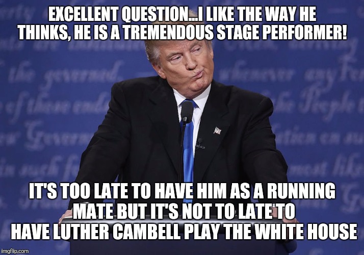 kirchner donald trump | EXCELLENT QUESTION...I LIKE THE WAY HE THINKS, HE IS A TREMENDOUS STAGE PERFORMER! IT'S TOO LATE TO HAVE HIM AS A RUNNING MATE BUT IT'S NOT TO LATE TO HAVE LUTHER CAMBELL PLAY THE WHITE HOUSE | image tagged in kirchner donald trump | made w/ Imgflip meme maker