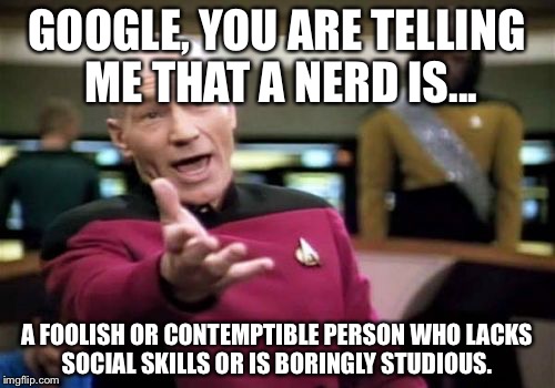 Picard Wtf | GOOGLE, YOU ARE TELLING ME THAT A NERD IS... A FOOLISH OR CONTEMPTIBLE PERSON WHO LACKS SOCIAL SKILLS OR IS BORINGLY STUDIOUS. | image tagged in memes,picard wtf | made w/ Imgflip meme maker