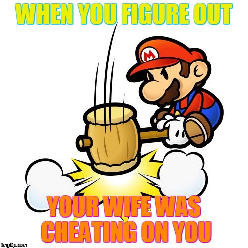 Mario Hammer Smash | WHEN YOU FIGURE OUT; YOUR WIFE WAS CHEATING ON YOU | image tagged in memes,mario hammer smash | made w/ Imgflip meme maker