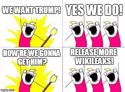 What Do We Want | WE WANT TRUMP! YES WE DO! RELEASE MORE WIKILEAKS! HOW'RE WE GONNA GET HIM? | image tagged in memes,what do we want | made w/ Imgflip meme maker