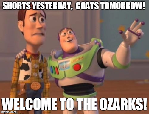 X, X Everywhere | SHORTS YESTERDAY, 
COATS TOMORROW! WELCOME TO THE OZARKS! | image tagged in memes,x x everywhere | made w/ Imgflip meme maker