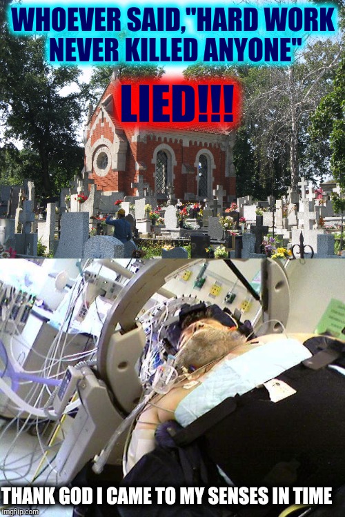 The graveyards are full of hard working people | WHOEVER SAID,"HARD WORK NEVER KILLED ANYONE"; LIED!!! THANK GOD I CAME TO MY SENSES IN TIME | image tagged in work,death,liars | made w/ Imgflip meme maker