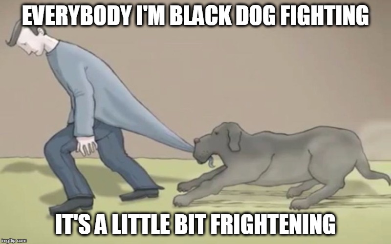 Black Dog | EVERYBODY I'M BLACK DOG FIGHTING; IT'S A LITTLE BIT FRIGHTENING | image tagged in depression,fighting depression,black dog depression | made w/ Imgflip meme maker
