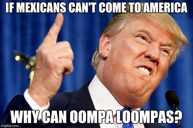 Donald Trump | IF MEXICANS CAN'T COME TO AMERICA; WHY CAN OOMPA LOOMPAS? | image tagged in donald trump | made w/ Imgflip meme maker