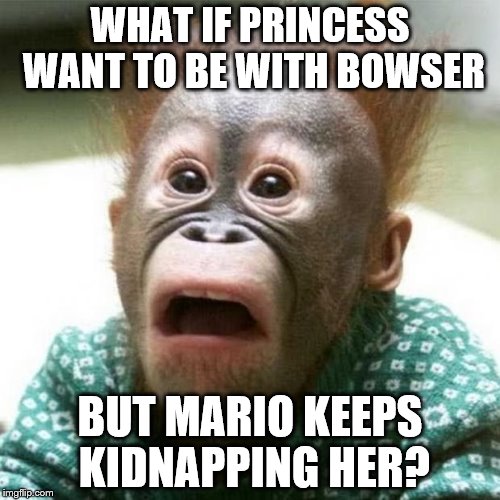 Shocked Monkey | WHAT IF PRINCESS WANT TO BE WITH BOWSER; BUT MARIO KEEPS KIDNAPPING HER? | image tagged in shocked monkey | made w/ Imgflip meme maker