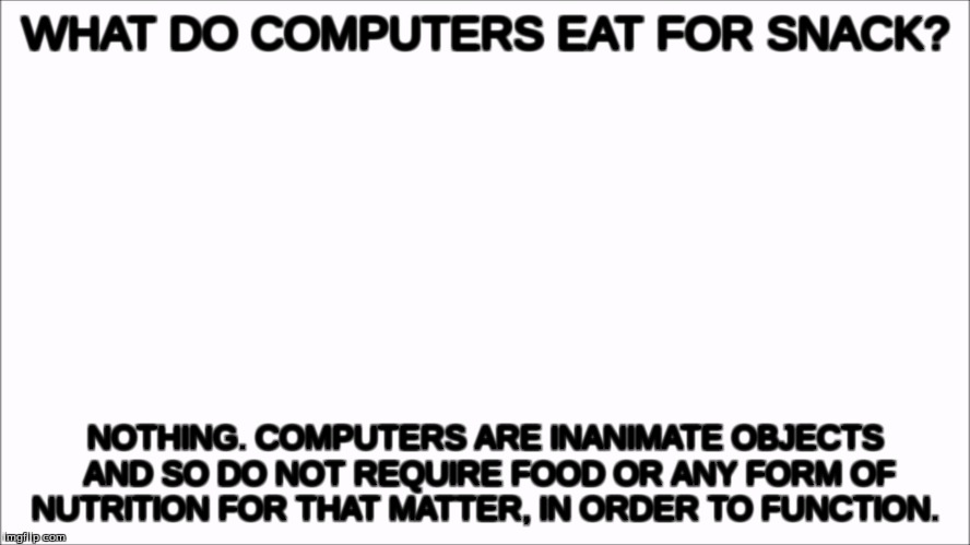 It's not microchips | WHAT DO COMPUTERS EAT FOR SNACK? NOTHING. COMPUTERS ARE INANIMATE OBJECTS AND SO DO NOT REQUIRE FOOD OR ANY FORM OF NUTRITION FOR THAT MATTER, IN ORDER TO FUNCTION. | image tagged in memes | made w/ Imgflip meme maker