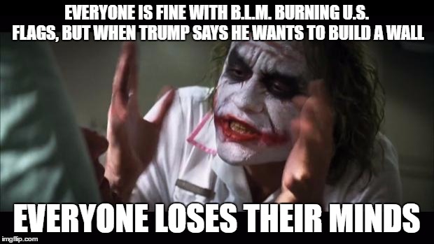 And everybody loses their minds Meme | EVERYONE IS FINE WITH B.L.M. BURNING U.S. FLAGS, BUT WHEN TRUMP SAYS HE WANTS TO BUILD A WALL; EVERYONE LOSES THEIR MINDS | image tagged in memes,and everybody loses their minds,political meme,trump 2016,funny | made w/ Imgflip meme maker