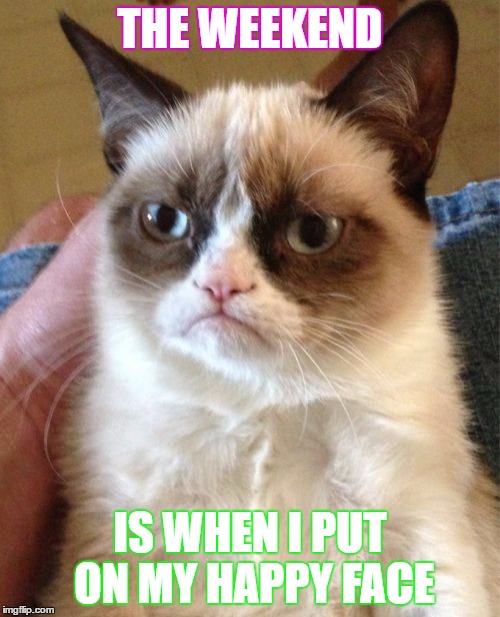 Grumpy Cat Meme | THE WEEKEND; IS WHEN I PUT ON MY HAPPY FACE | image tagged in memes,grumpy cat | made w/ Imgflip meme maker