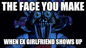 Funtime foxy jumpscare fnaf sister location | THE FACE YOU MAKE; WHEN EX GIRLFRIEND SHOWS UP | image tagged in funtime foxy jumpscare fnaf sister location | made w/ Imgflip meme maker