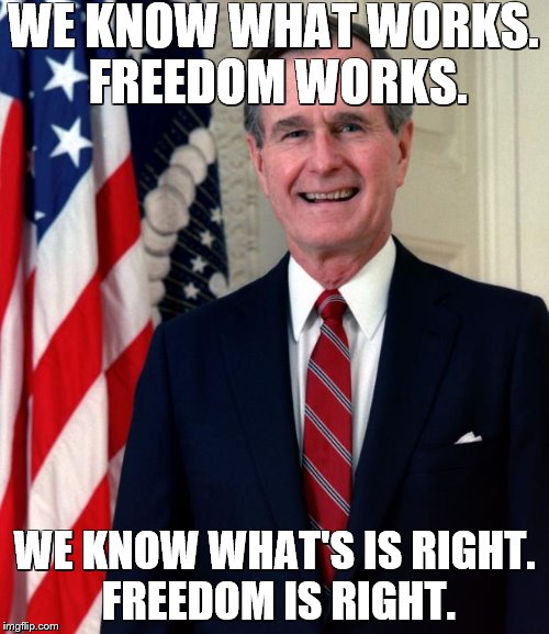 George Bush | WE KNOW WHAT WORKS. FREEDOM WORKS. WE KNOW WHAT'S IS RIGHT. FREEDOM IS RIGHT. | image tagged in george bush | made w/ Imgflip meme maker
