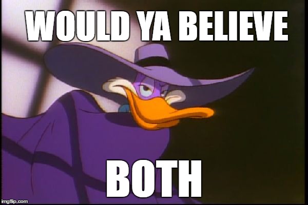 would ya believe both | WOULD YA BELIEVE; BOTH | image tagged in darkmeme duck,darkwing duck,duck,both,would you | made w/ Imgflip meme maker