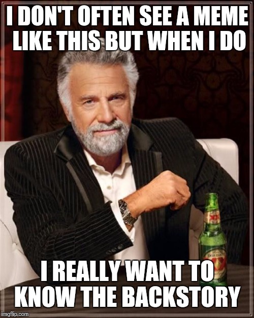 The Most Interesting Man In The World Meme | I DON'T OFTEN SEE A MEME LIKE THIS BUT WHEN I DO I REALLY WANT TO KNOW THE BACKSTORY | image tagged in memes,the most interesting man in the world | made w/ Imgflip meme maker