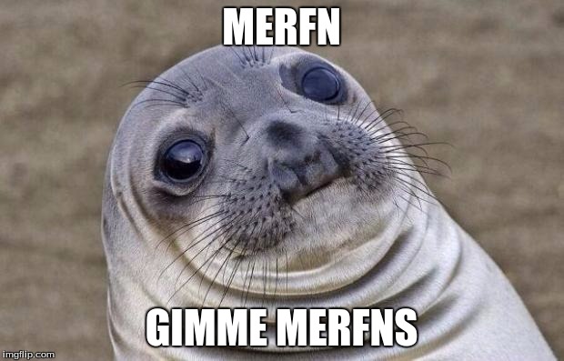 Awkward Moment Sealion | MERFN; GIMME MERFNS | image tagged in memes,awkward moment sealion | made w/ Imgflip meme maker