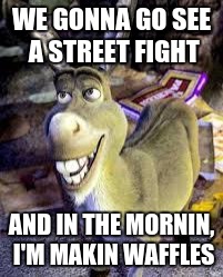 Donkey | WE GONNA GO SEE A STREET FIGHT; AND IN THE MORNIN, I'M MAKIN WAFFLES | image tagged in donkey | made w/ Imgflip meme maker