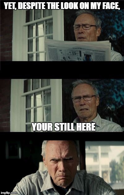 Yet Your Still here | YET, DESPITE THE LOOK ON MY FACE, YOUR STILL HERE | image tagged in bad eastwood pun,meme | made w/ Imgflip meme maker
