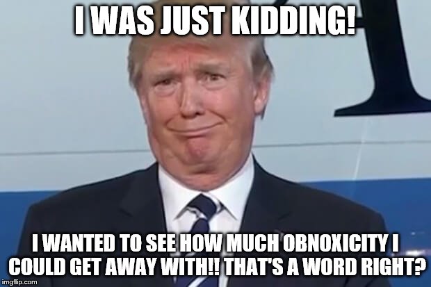 donald trump |  I WAS JUST KIDDING! I WANTED TO SEE HOW MUCH OBNOXICITY I COULD GET AWAY WITH!! THAT'S A WORD RIGHT? | image tagged in donald trump | made w/ Imgflip meme maker