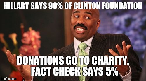 Steve Harvey | HILLARY SAYS 90% OF CLINTON FOUNDATION; DONATIONS GO TO CHARITY.  FACT CHECK SAYS 5% | image tagged in memes,steve harvey | made w/ Imgflip meme maker