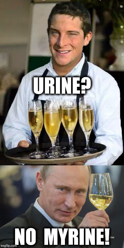 Bear Grylls vs Putin | URINE? NO  MYRINE! | image tagged in bear grylls,piss,putin | made w/ Imgflip meme maker