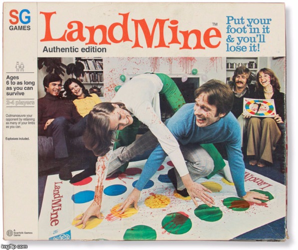 Scarfolk Games Land Mine. Explosives included. | image tagged in memes,board games,70's,british,twister | made w/ Imgflip meme maker