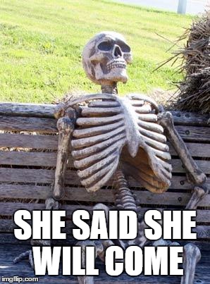 Waiting Skeleton | SHE SAID SHE WILL COME | image tagged in memes,waiting skeleton | made w/ Imgflip meme maker