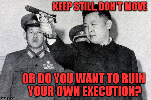 Kim Jong-il shooting practice | KEEP STILL, DON'T MOVE; OR DO YOU WANT TO RUIN YOUR OWN EXECUTION? | image tagged in kim jong-il shooting practice | made w/ Imgflip meme maker