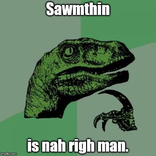 Philosoraptor Meme | Sawmthin is nah righ man. | image tagged in memes,philosoraptor | made w/ Imgflip meme maker