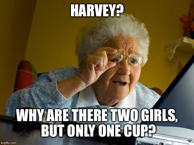 Grandma Finds The Internet | HARVEY? WHY ARE THERE TWO GIRLS, BUT ONLY ONE CUP? | image tagged in memes,grandma finds the internet | made w/ Imgflip meme maker