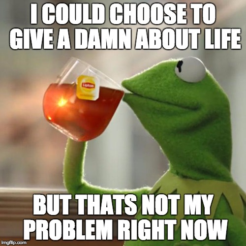 My life choice | I COULD CHOOSE TO GIVE A DAMN ABOUT LIFE; BUT THATS NOT MY PROBLEM RIGHT NOW | image tagged in memes,but thats none of my business,kermit the frog,life,the truth | made w/ Imgflip meme maker