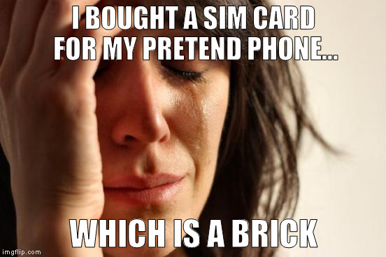 First World Problems | I BOUGHT A SIM CARD FOR MY PRETEND PHONE... WHICH IS A BRICK | image tagged in memes,first world problems | made w/ Imgflip meme maker