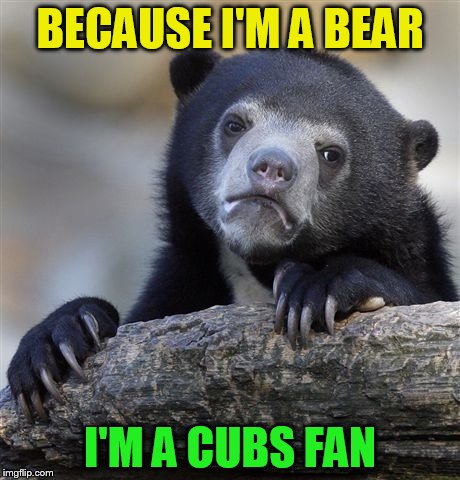 Confession Bear Meme | BECAUSE I'M A BEAR I'M A CUBS FAN | image tagged in memes,confession bear | made w/ Imgflip meme maker