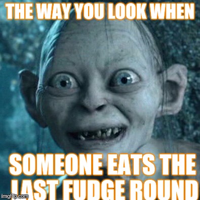 Gollum | THE WAY YOU LOOK WHEN; SOMEONE EATS THE LAST FUDGE ROUND | image tagged in memes,gollum | made w/ Imgflip meme maker