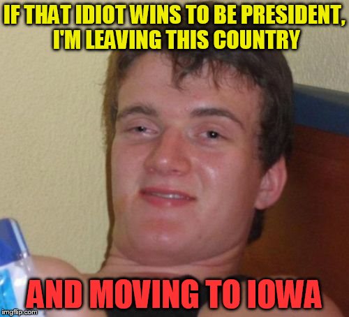 10 Guy | IF THAT IDIOT WINS TO BE PRESIDENT, I'M LEAVING THIS COUNTRY; AND MOVING TO IOWA | image tagged in memes,10 guy | made w/ Imgflip meme maker