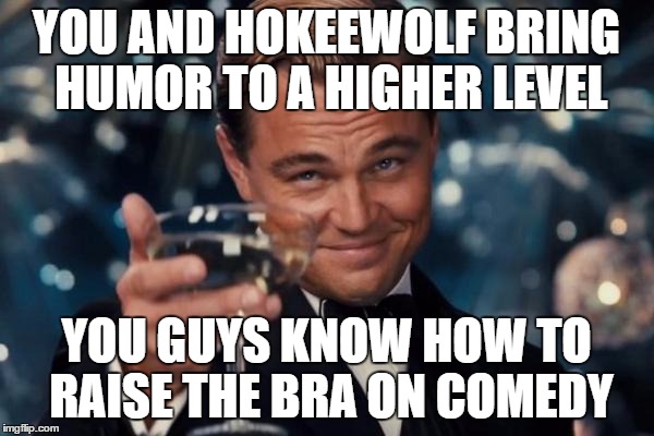 Leonardo Dicaprio Cheers Meme | YOU AND HOKEEWOLF BRING HUMOR TO A HIGHER LEVEL YOU GUYS KNOW HOW TO RAISE THE BRA ON COMEDY | image tagged in memes,leonardo dicaprio cheers | made w/ Imgflip meme maker