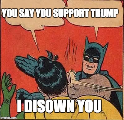 Batman Slapping Robin | YOU SAY YOU SUPPORT TRUMP; I DISOWN YOU | image tagged in memes,batman slapping robin | made w/ Imgflip meme maker