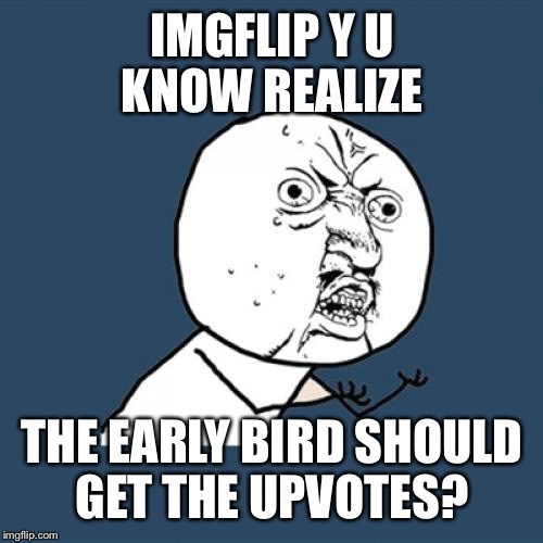 Y U No Meme | IMGFLIP Y U KNOW REALIZE THE EARLY BIRD SHOULD GET THE UPVOTES? | image tagged in memes,y u no | made w/ Imgflip meme maker