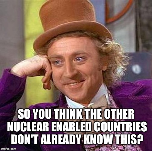 Creepy Condescending Wonka Meme | SO YOU THINK THE OTHER NUCLEAR ENABLED COUNTRIES DON'T ALREADY KNOW THIS? | image tagged in memes,creepy condescending wonka | made w/ Imgflip meme maker