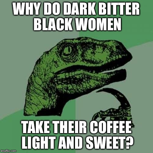 Philosoraptor Meme | WHY DO DARK BITTER BLACK WOMEN; TAKE THEIR COFFEE LIGHT AND SWEET? | image tagged in memes,philosoraptor | made w/ Imgflip meme maker