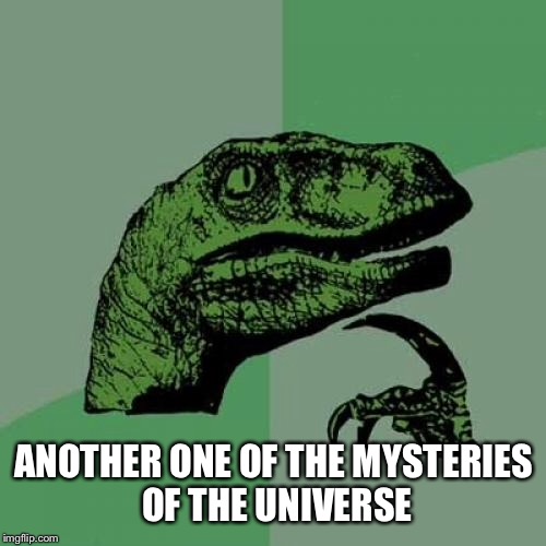 Philosoraptor Meme | ANOTHER ONE OF THE MYSTERIES OF THE UNIVERSE | image tagged in memes,philosoraptor | made w/ Imgflip meme maker