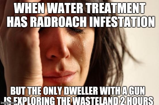 First World Problems Meme | WHEN WATER TREATMENT HAS RADROACH INFESTATION; BUT THE ONLY DWELLER WITH A GUN IS EXPLORING THE WASTELAND 2 HOURS | image tagged in memes,first world problems | made w/ Imgflip meme maker