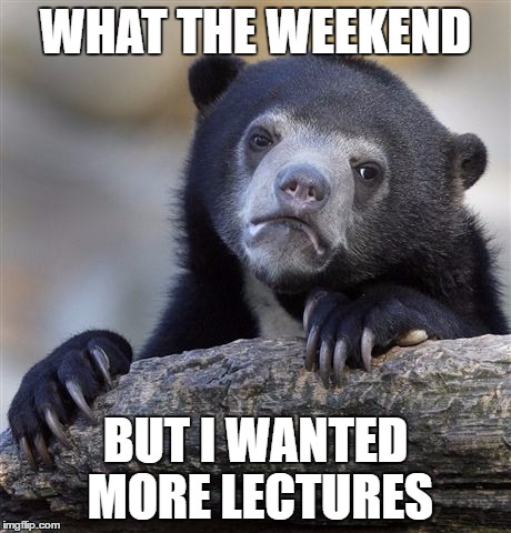 Confession Bear Meme | WHAT THE WEEKEND; BUT I WANTED MORE LECTURES | image tagged in memes,confession bear | made w/ Imgflip meme maker