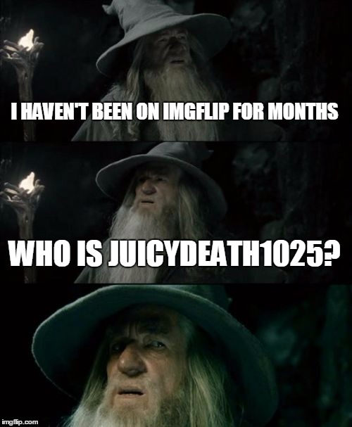 Confused Gandalf | I HAVEN'T BEEN ON IMGFLIP FOR MONTHS; WHO IS JUICYDEATH1025? | image tagged in memes,confused gandalf | made w/ Imgflip meme maker