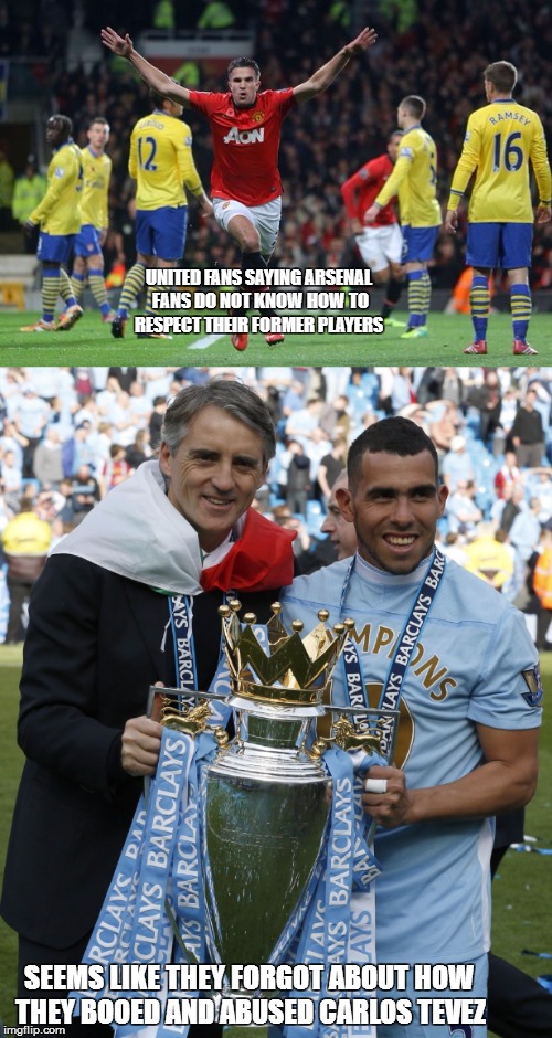 Double standard detected | UNITED FANS SAYING ARSENAL FANS DO NOT KNOW HOW TO RESPECT THEIR FORMER PLAYERS; SEEMS LIKE THEY FORGOT ABOUT HOW THEY BOOED AND ABUSED CARLOS TEVEZ | image tagged in hypocrisy | made w/ Imgflip meme maker