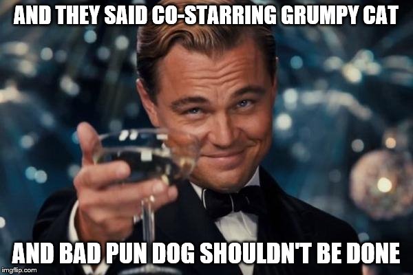 Leonardo Dicaprio Cheers Meme | AND THEY SAID CO-STARRING GRUMPY CAT AND BAD PUN DOG SHOULDN'T BE DONE | image tagged in memes,leonardo dicaprio cheers | made w/ Imgflip meme maker