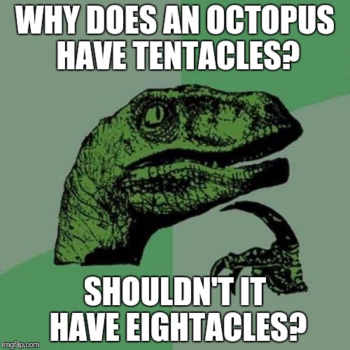 Philosoraptor Meme | WHY DOES AN OCTOPUS HAVE TENTACLES? SHOULDN'T IT HAVE EIGHTACLES? | image tagged in memes,philosoraptor | made w/ Imgflip meme maker