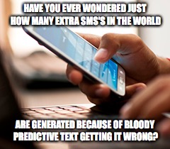 HAVE YOU EVER WONDERED JUST HOW MANY EXTRA SMS'S IN THE WORLD; ARE GENERATED BECAUSE OF BLOODY PREDICTIVE TEXT GETTING IT WRONG? | image tagged in texting | made w/ Imgflip meme maker